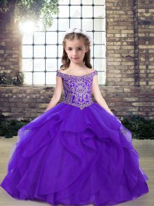 Ball Gowns Child Pageant Dress Purple Scoop Organza Sleeveless Floor Length Lace Up
