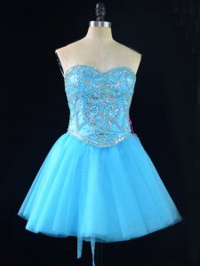 Beading Prom Dresses Baby Blue Lace Up Sleeveless Mini Length