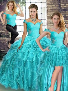 Aqua Blue Off The Shoulder Neckline Beading and Ruffles Quinceanera Dresses Sleeveless Lace Up