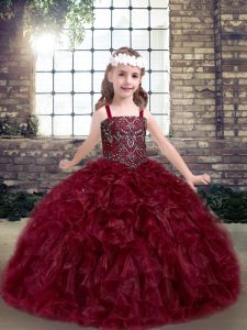 Most Popular Burgundy Sleeveless Floor Length Beading and Ruffles Lace Up Little Girls Pageant Dress Wholesale