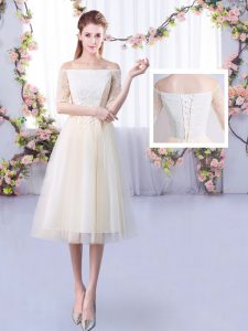 Fancy Champagne Half Sleeves Tulle Lace Up Quinceanera Court of Honor Dress for Wedding Party