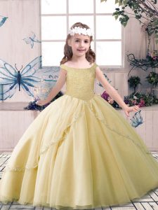 Luxurious Sleeveless Floor Length Beading Lace Up Little Girls Pageant Gowns with Champagne