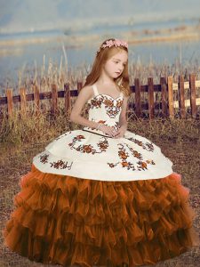 Column/Sheath Pageant Gowns For Girls Brown Straps Organza Sleeveless Floor Length Lace Up
