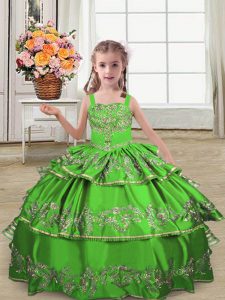Green Ball Gowns Satin Straps Sleeveless Embroidery and Ruffled Layers Floor Length Lace Up Girls Pageant Dresses