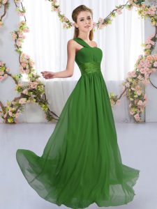 Elegant One Shoulder Sleeveless Bridesmaids Dress Floor Length Ruching Green Chiffon
