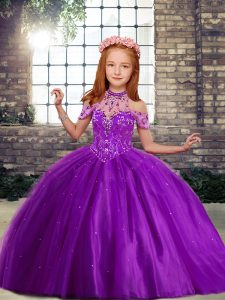 Dazzling Purple Sleeveless Tulle Lace Up Little Girls Pageant Dress Wholesale for Party and Wedding Party