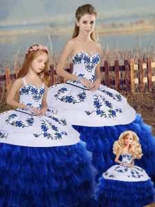 Royal Blue Lace Up Sweetheart Embroidery and Ruffled Layers and Bowknot Sweet 16 Dresses Organza Sleeveless