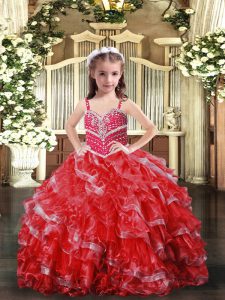 Red Sleeveless Organza Lace Up Little Girls Pageant Dress for Party and Sweet 16 and Wedding Party