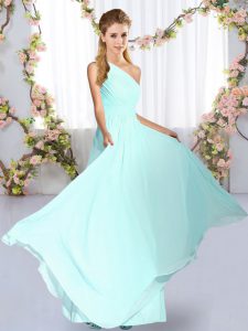 Blue Bridesmaid Gown Wedding Party with Ruching One Shoulder Sleeveless Lace Up