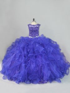 Custom Designed Blue Scoop Neckline Beading and Ruffles Quince Ball Gowns Sleeveless Lace Up