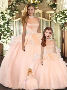 Inexpensive Organza Halter Top Sleeveless Backless Beading Quinceanera Gowns in Peach