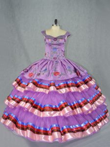 Purple Ball Gowns Organza Straps Sleeveless Embroidery and Ruffled Layers Floor Length Lace Up Sweet 16 Quinceanera Dres