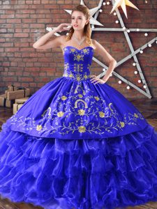 Modern Sleeveless Organza Floor Length Lace Up Quince Ball Gowns in Royal Blue with Embroidery and Ruffled Layers
