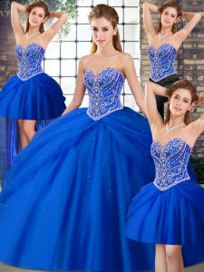 Royal Blue Lace Up Sweetheart Beading and Pick Ups Sweet 16 Dresses Tulle Sleeveless Brush Train
