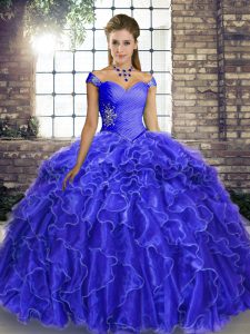 Royal Blue Sleeveless Organza Brush Train Lace Up Sweet 16 Dresses for Military Ball and Sweet 16 and Quinceanera
