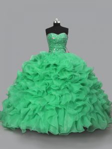 Excellent Green Organza Lace Up Quinceanera Dress Sleeveless Floor Length Beading and Ruffles