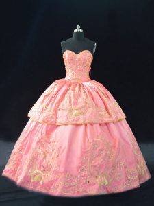 Amazing Pink Ball Gowns Embroidery Quince Ball Gowns Lace Up Satin Sleeveless