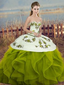 Customized Sleeveless Tulle Floor Length Lace Up Quinceanera Dress in Olive Green with Embroidery and Ruffles and Bowkno
