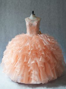 Sumptuous Floor Length Peach Sweet 16 Dress Organza Sleeveless Beading and Ruffles