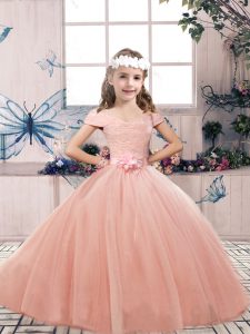 Lovely Peach Sleeveless Lace and Belt Floor Length Kids Pageant Dress