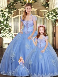 New Arrival Light Blue Strapless Lace Up Beading and Appliques Vestidos de Quinceanera Sleeveless