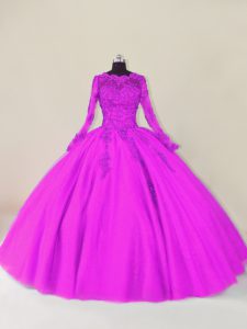 Tulle Scalloped Long Sleeves Zipper Lace and Appliques Quinceanera Gowns in Purple