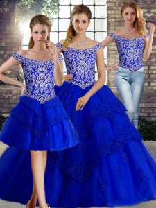 Super Royal Blue Tulle Lace Up Quinceanera Dress Sleeveless Brush Train Beading and Lace