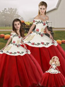 Beauteous Off The Shoulder Sleeveless Sweet 16 Dress Floor Length Embroidery White And Red Organza