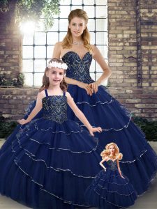 Suitable Navy Blue Sleeveless Beading and Ruffled Layers Lace Up Sweet 16 Dresses