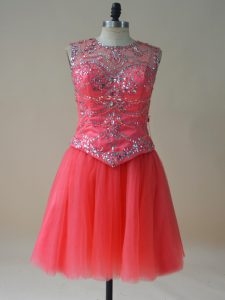 Dramatic A-line Prom Gown Coral Red Scoop Tulle Sleeveless Mini Length Lace Up