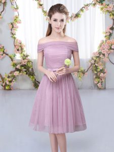 Enchanting Pink Quinceanera Court of Honor Dress Wedding Party with Belt Off The Shoulder Short Sleeves Lace Up