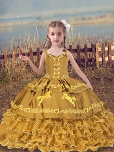 Gold Sleeveless Beading and Embroidery and Ruffled Layers Floor Length Little Girls Pageant Dress