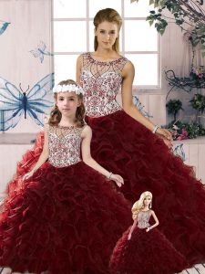 Artistic Burgundy Lace Up Scoop Beading and Ruffles Sweet 16 Quinceanera Dress Organza Sleeveless
