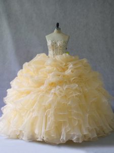 Beauteous Gold Strapless Neckline Beading and Ruffles and Pick Ups Quinceanera Dress Sleeveless Lace Up