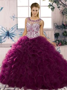 Elegant Dark Purple Sleeveless Beading and Ruffles Floor Length Quinceanera Dress