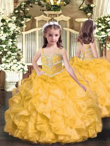 New Arrival Floor Length Gold Pageant Dress Organza Sleeveless Beading and Ruffles
