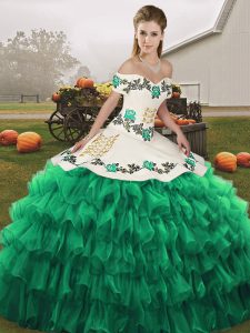 Turquoise Off The Shoulder Lace Up Embroidery and Ruffled Layers Quinceanera Dresses Sleeveless