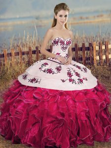Glittering Sweetheart Sleeveless Organza Sweet 16 Dresses Embroidery and Ruffles and Bowknot Lace Up