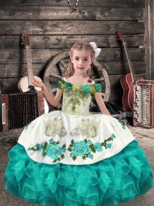 Low Price Turquoise Lace Up Off The Shoulder Beading and Embroidery and Ruffles Winning Pageant Gowns Organza Sleeveless