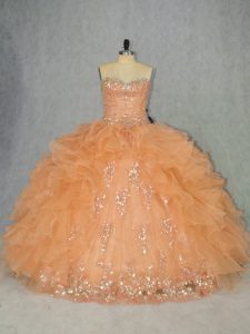Orange Lace Up Quince Ball Gowns Beading and Ruffles Sleeveless