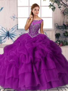 Classical Purple Zipper Quinceanera Dresses Beading and Pick Ups Sleeveless Brush Train