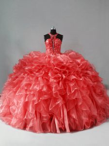 Glamorous Brush Train Ball Gowns Quinceanera Dresses Coral Red Halter Top Organza Sleeveless Zipper