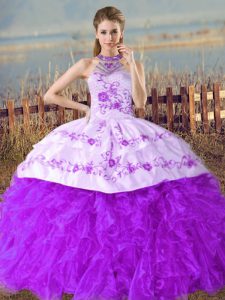 Artistic Sleeveless Court Train Embroidery and Ruffles Lace Up 15th Birthday Dress