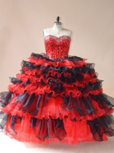 White And Red Sweetheart Lace Up Beading and Ruffled Layers Quince Ball Gowns Sleeveless
