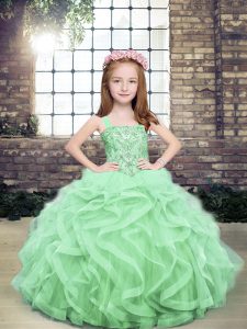 Most Popular Sleeveless Organza and Tulle Floor Length Lace Up Pageant Dress for Teens in Apple Green with Beading and R