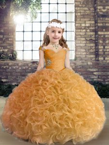 Latest Gold Fabric With Rolling Flowers Lace Up Straps Sleeveless Floor Length Little Girl Pageant Gowns Beading