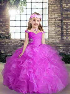 Floor Length Lace Up Kids Formal Wear Fuchsia for Party and Wedding Party with Beading and Ruffles