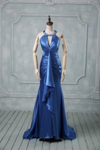 Sleeveless Beading and Ruching Criss Cross Dress for Prom with Blue Brush Train