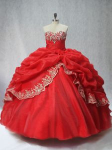 Sleeveless Floor Length Appliques and Pick Ups Lace Up Ball Gown Prom Dress with Red