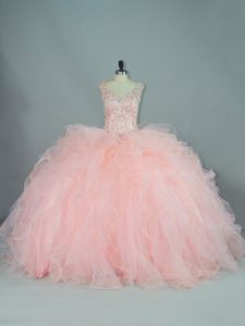 Luxurious Peach 15th Birthday Dress Quinceanera with Ruffles V-neck Sleeveless Lace Up